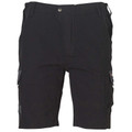 Black cotton canvas cargo shorts with multiple side pockets and metal button closure
