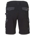 Black and charcoal two-tone cotton canvas cargo shorts rear view showing flap pockets and side utility pockets