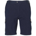 Navy cotton canvas cargo shorts with button-secured side pockets and metal snap closure