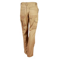 Khaki canvas cargo pants with multiple utility pockets and reinforced knee panels, back view