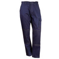 Navy cotton canvas cargo pants with contrast stitching, cargo pocket, and reinforced knee panels