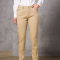 Sand beige stretch chino pants with slim fit tailoring, belt loops, and front pockets shown with white shirt