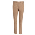 Tan stretch chino pants with slim fit silhouette and front crease detail