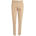Sand beige ladies chino pants with front zip fly, button waist closure and centre creases down both legs