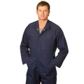 Navy cotton drill coverall with chest pockets and full front opening on plain background