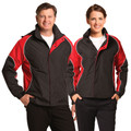 Male and female models wearing black and red rip stop contrast jackets with white piping, curved contrast panels and zip front
