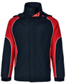 Navy water-resistant jacket with red shoulder panels and white piping detail, featuring high collar and front zip