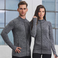 ROADRUNNER Unisex Seamless Heather Sports Jacket in a grey marl finish, featuring a lightweight performance knit, thumbholes for a secure fit, and a zip-up front for running and gym workouts.