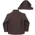 Dark brown kids soft shell jacket shown from rear with detachable hood displayed separately, snap buttons and raglan seams visible
