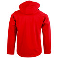 Bright red soft shell hooded jacket shown from back with raglan sleeves and curved hem