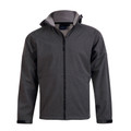 Charcoal marle soft shell hooded jacket with full-length zip, panelled shoulders and contrast grey inner hood lining