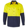 Hi-vis yellow and navy long sleeve cotton drill work shirt with contrast collar and chest pockets