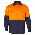 Orange+Navy Joist men's Hi-Vis long sleeve safety shirt in cotton drill fabric, with reflective tape for construction and industrial workwear.