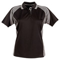 Black CoolDry polo shirt with charcoal grey contrast panels and white piping detail on sleeves and collar