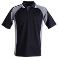 Black short sleeve polo with grey contrast panels and white piping detail