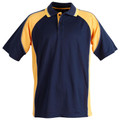 Navy and gold short sleeve polo with contrast raglan panels, silver piping detail, and three-button placket