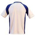 White and royal blue kids polo shirt back view with raglan contrast side panels and collared neckline
