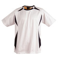 White sports jersey with black contrast panels on shoulders and sides, crew neck collar trim
