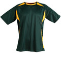 Bottle green sports jersey with gold contrast panels and black trim details on shoulders and sides