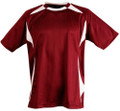 Maroon sports jersey with white contrast panels on shoulders and sides in moisture-wicking fabric