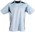 Sky blue CoolDry soccer jersey with navy contrast side panels and shoulder inserts, crew neck, flat lay