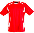 Red and white contrast panel short sleeve soccer jersey with curved side inserts and crew neck