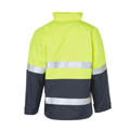 Fluoro yellow and navy two-tone hi-vis safety jacket rear view with dual 3M reflective tape bands