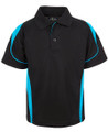 Black polo shirt with bright cyan side panels and shoulder piping, featuring collar and button placket