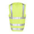 Hi-vis safety vest in fluorescent yellow with horizontal and vertical silver reflective tape and ID pocket
