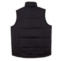 Black padded vest with quilted horizontal panels and stand-up collar, back view showing rip-stop nylon construction