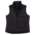 Black quilted padded vest with stand collar, full zip closure and dual hand pockets