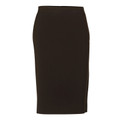 Chocolate brown mid-length pencil skirt with elasticated waistband and clean silhouette