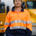 Hi-vis orange fleece sweater with navy collar, half-zip, silver reflective tape and navy lower section