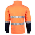 Fluorescent orange hi-vis fleece sweater with silver 3M reflective tape and navy sleeve panels, rear view