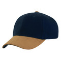 Navy blue baseball cap with contrasting tan suede peak and adjustable back closure