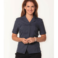 Charcoal grey short sleeve overblouse with notched collar and button-front closure