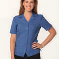 Royal blue short sleeve overblouse with notched collar, button front closure and structured fit