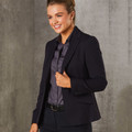 Navy stretch cropped blazer with notched lapels and single-button closure worn over charcoal blouse