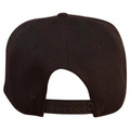 Rear view of a black structured snapback cap with flat brim and plastic snap closure