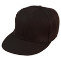 Black snapback cap with flat brim and structured six-panel crown