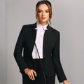 Black wool blend stretch blazer with notch lapels worn over white collared shirt