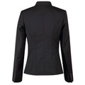 Black wool blend stretch jacket with tailored back panels and button cuff details, rear view