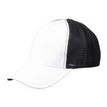 White cotton front trucker cap with black mesh back panels and structured curved peak