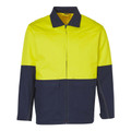 Hi-vis yellow and navy cotton drill work jacket with contrast collar and two-tone colour blocking