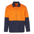 Hi-vis orange and navy cotton drill jacket with contrasting collar and horizontal colour block panel
