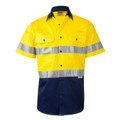 High visibility safety shirt in yellow and navy with silver reflective tape, chest pockets and short sleeves