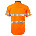 Hi-vis orange work shirt with navy collar and twin reflective silver tape stripes across back