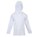 White long sleeve hooded t-shirt with ribbed cuffs and drawstring hood shown on mannequin