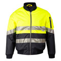 Hi-vis yellow and navy two-tone bomber jacket with silver 3M reflective tape bands and zip sleeve pocket