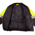 Hi-vis safety flying jacket laid open showing quilted black lining, fluorescent yellow panels and silver 3M reflective tape